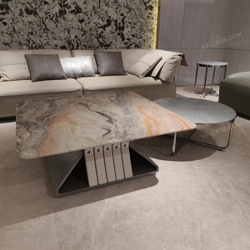 Contemporary Nesting Coffee Table Set with Marble-Effect Top and Brushed Metal Accents
